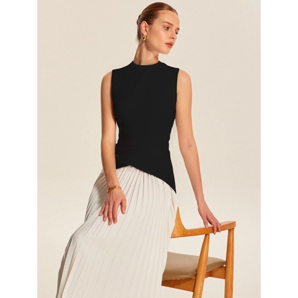 Commense Sleeveless Pleated Dress Mock Neck Party Cocktail Black White size XS - Picture 2 of 5